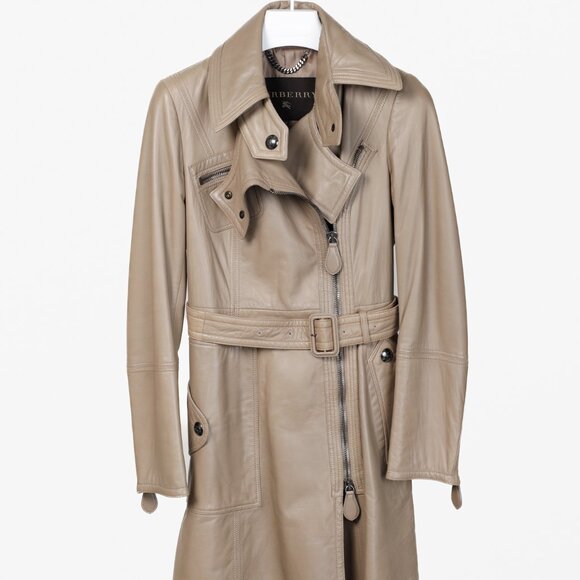 Burberry Taupe Grey Brown Leather Moto Trench Coat - Picture 1 of 13